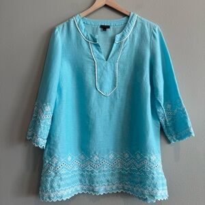 Talbots Linen Tunic Top Blue Embroidered 3/4 Sleeve Tunic Beach 1X petite